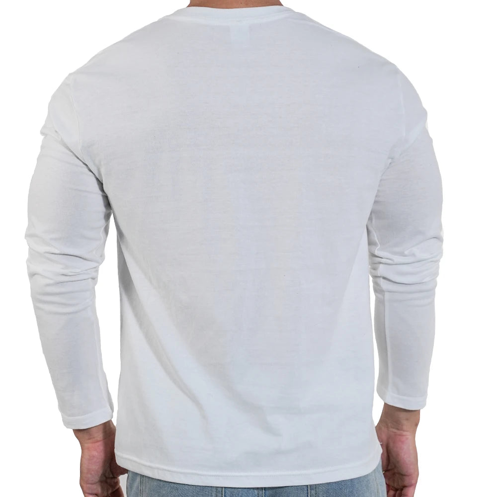 men’s white long sleeve cotton crew neck t-shirt casual fit Back View