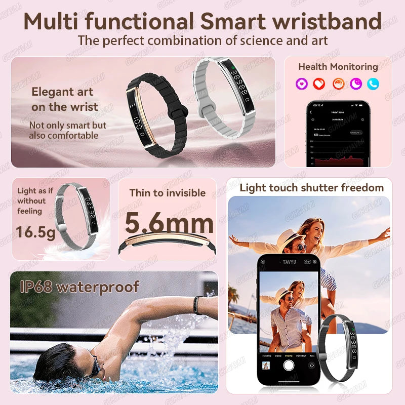 Smart fitness bracelet in gold and white, showing slim touchscreen and silicone/mesh straps.