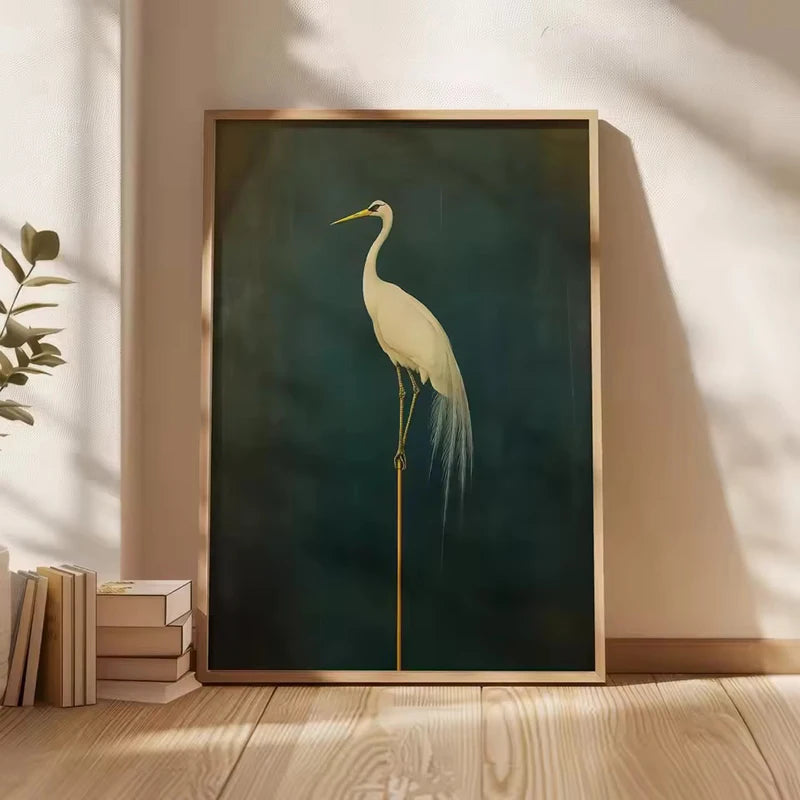 Modern Japanese crane wall art poster with white bird on a green background framed in a modern neutral room