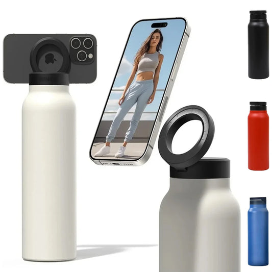 800ML stainless steel drinking bottle with magnetic phone tripod lid in red vacuum insulated flask