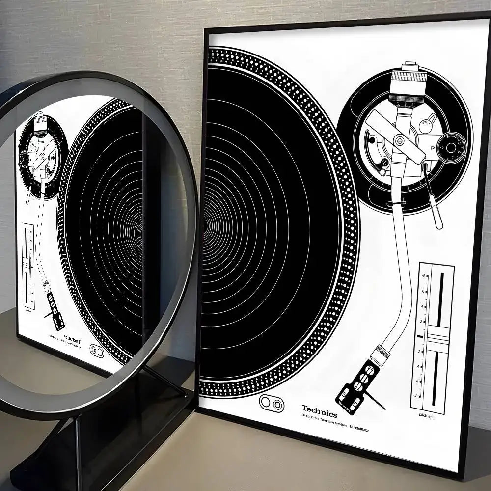 Technical drawings of a turntable on a white background