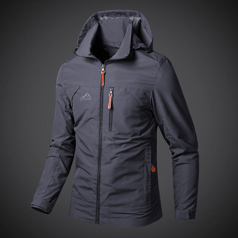 Dark gray jacket with orange accents on a dark gray background