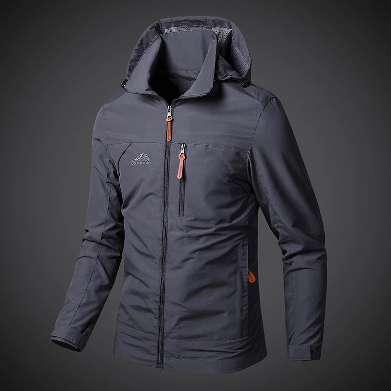 Gray jacket with orange accents on a dark gray background