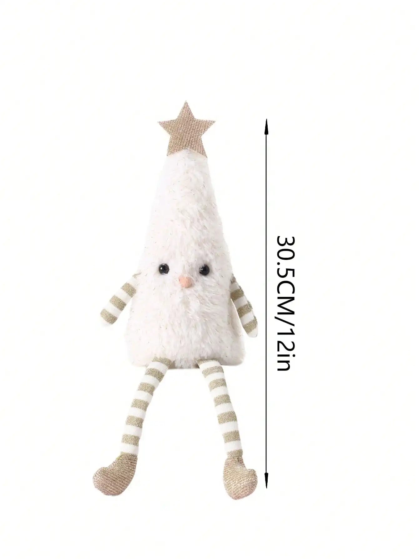 Plush toy resembling a Christmas tree with a star on top, shown with measurements on a white background.