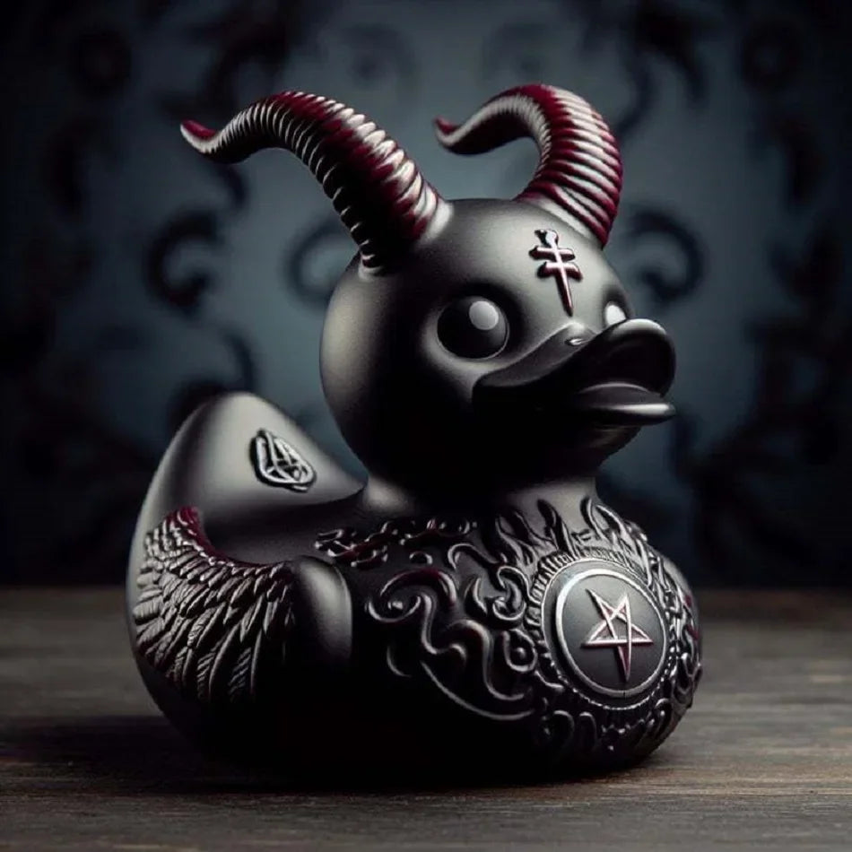 Decorative object with goat-like features and mystical symbols on a dark background