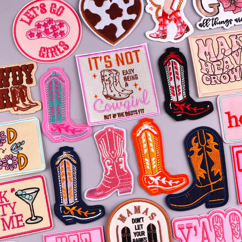 Cowgirl boot embroidered iron-on patch – Western applique for clothing and bags