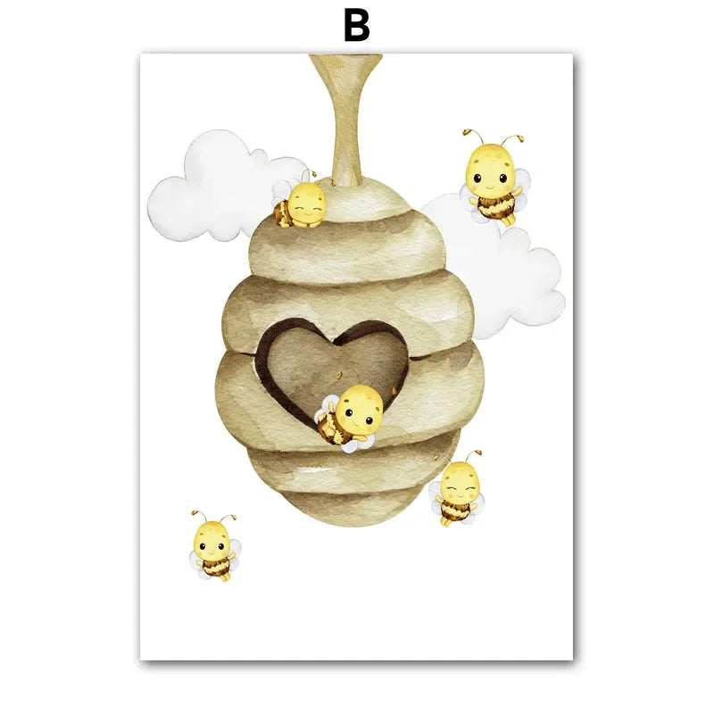 Honeycomb with a heart-shaped opening and bees around it on a white background