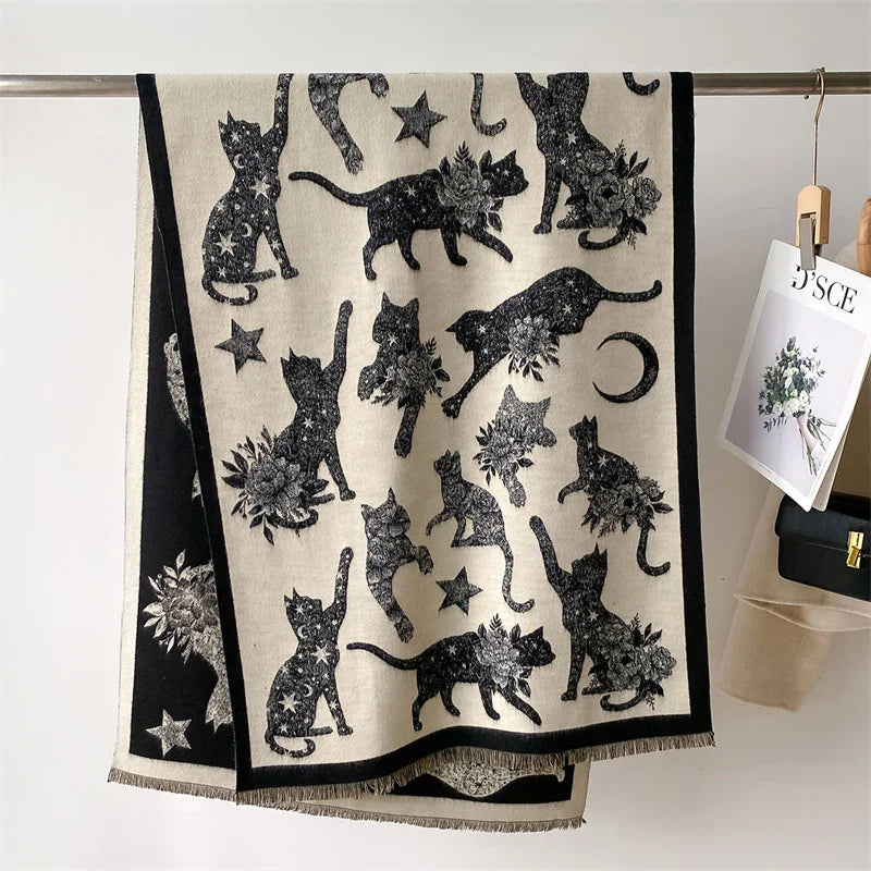 Women’s winter cat print pashmina-style scarf in soft polyester