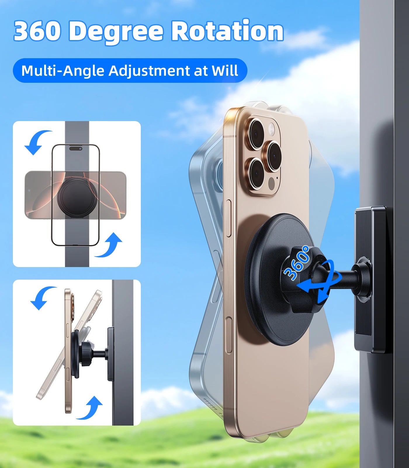 Phone holder with 360-degree rotation feature on a scenic background