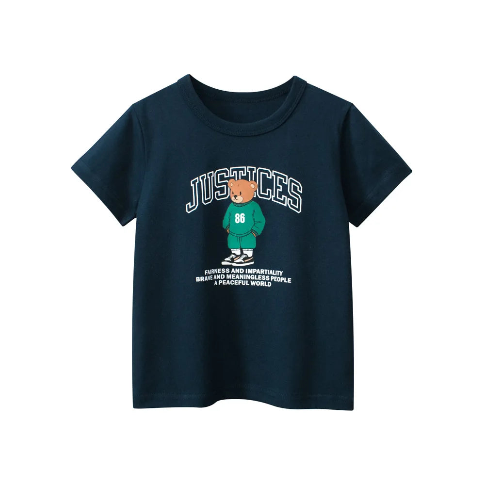 Navy blue t-shirt with a teddy bear graphic and text on a white background