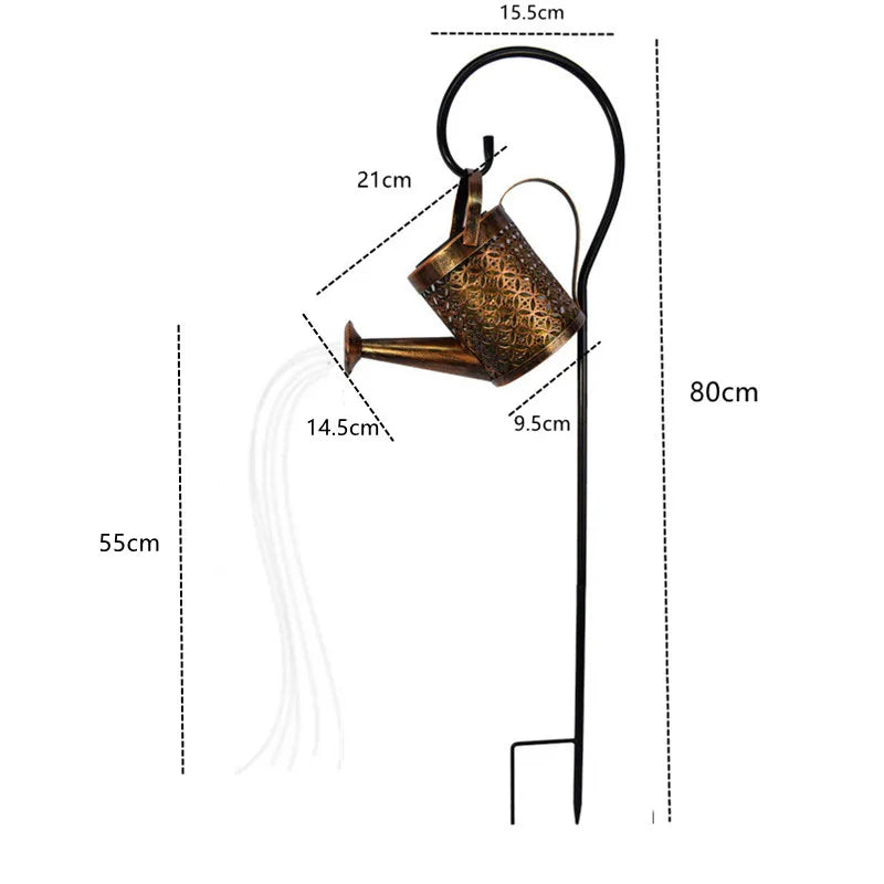 Decorative metal watering can on a stand with dimensions labeled
