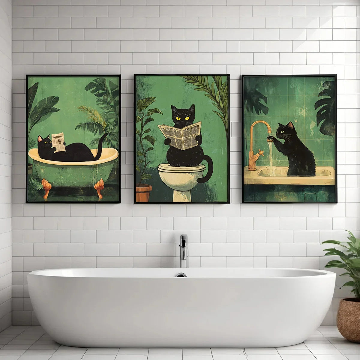 Three framed artworks of cats in a bathroom setting with a white bathtub.