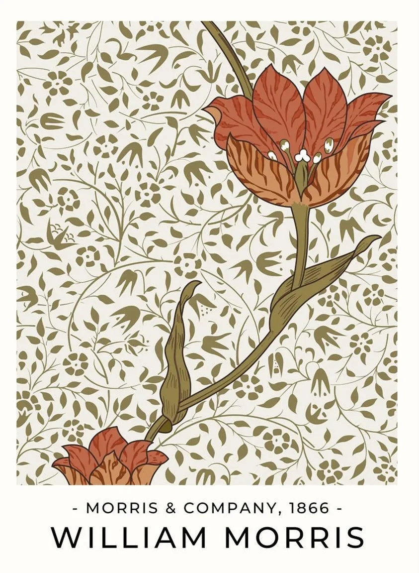 Decorative poster with a red flower design and 'Morris & Company, 1866' text on a beige background.