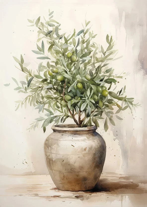 Potted plant with green leaves and small fruits in a textured pot on a light background