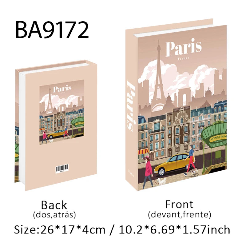 Storage Book with Paris-themed design on cover and back, showing size dimensions.