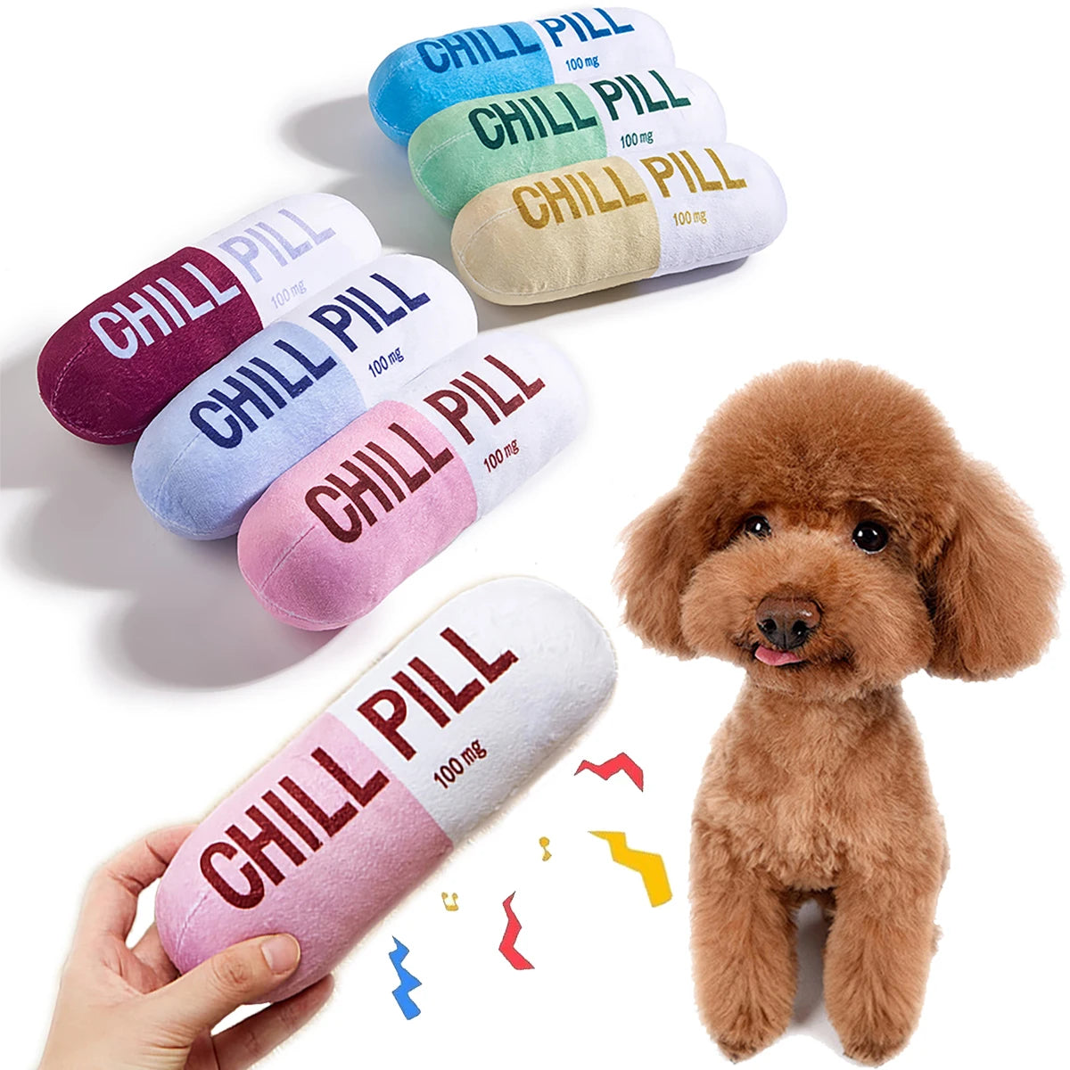 Colorful 'Chill Pill' plush toys with a small brown dog next to them.