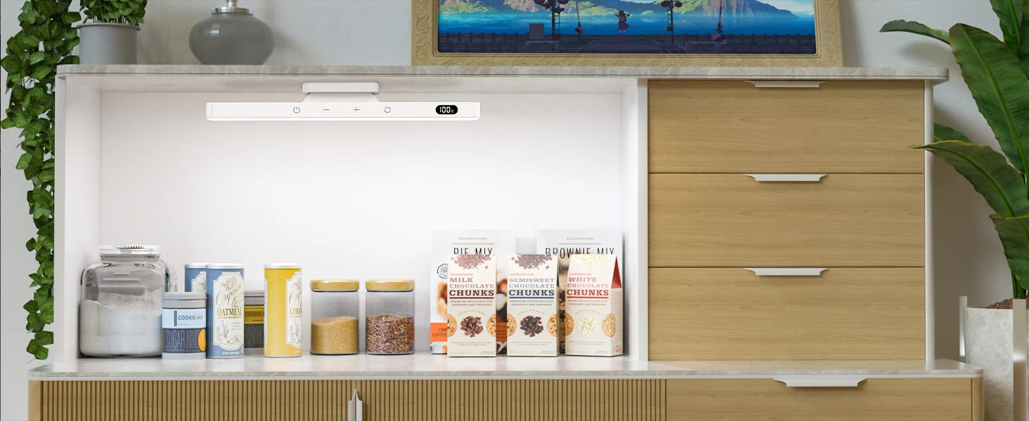 LED Light product in a Kitchen with various food items and a TV in the background