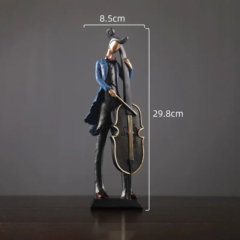 Statue of a man playing a cello with measurements on a gray background