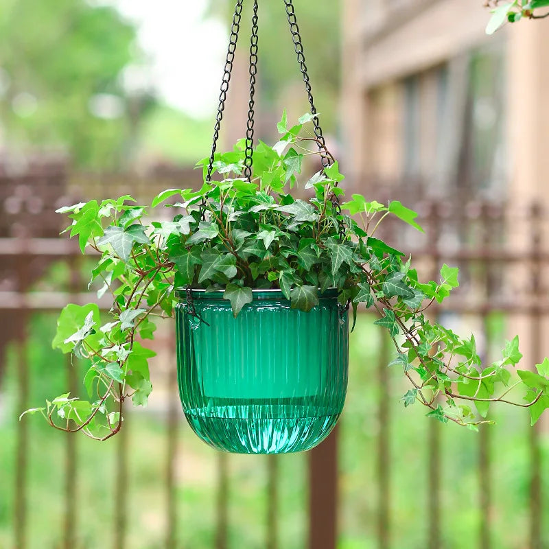 Transparent hanging plant pot with metal chain and ribbed design for indoor plants.