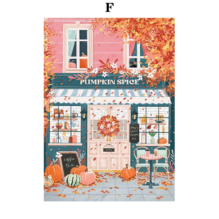 Illustration of a pumpkin spice-themed store with autumn decorations