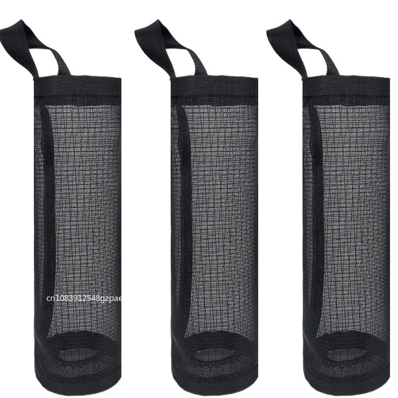Three black mesh storage bags with handles on a white background