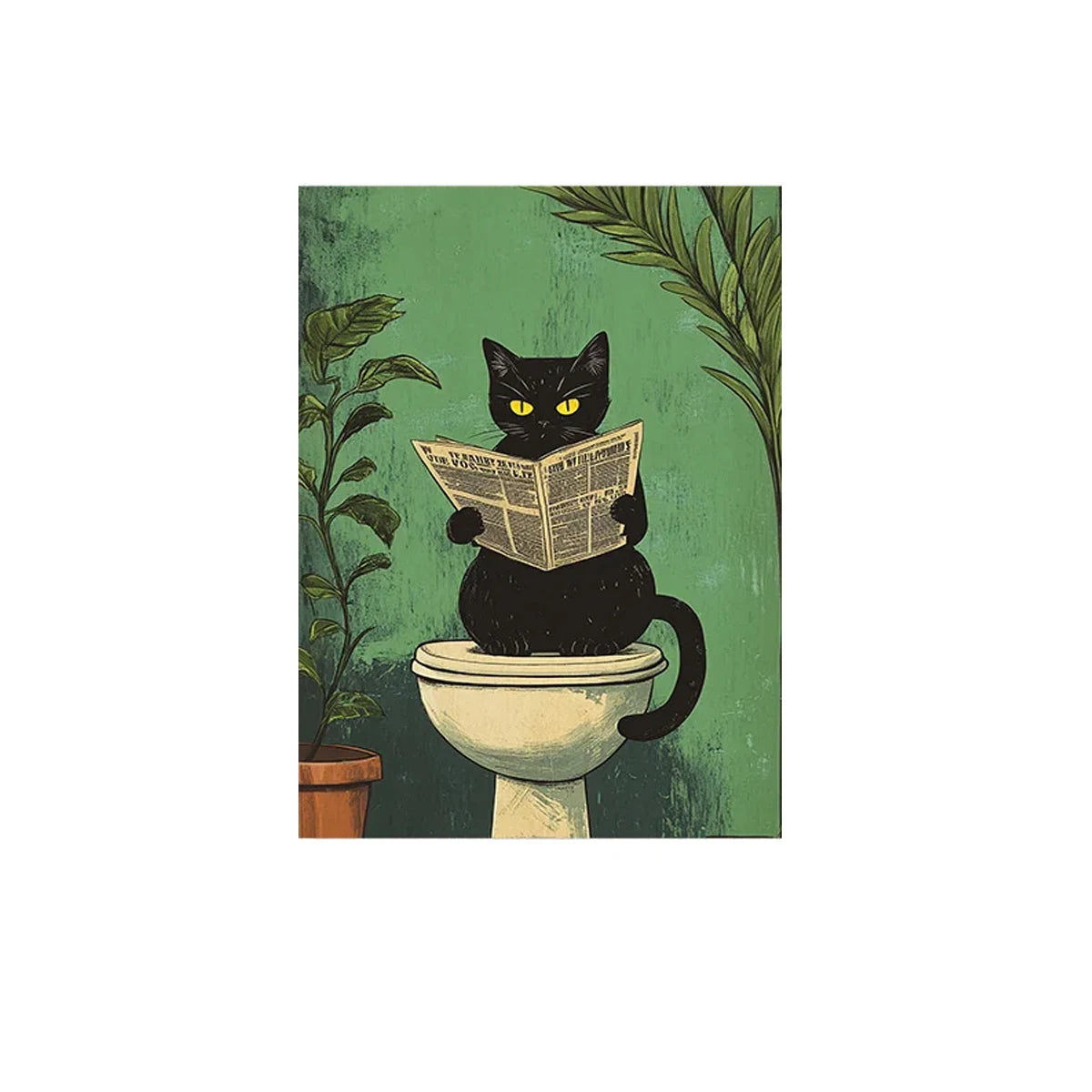 Illustration of a black cat reading a newspaper on a toilet with a green background