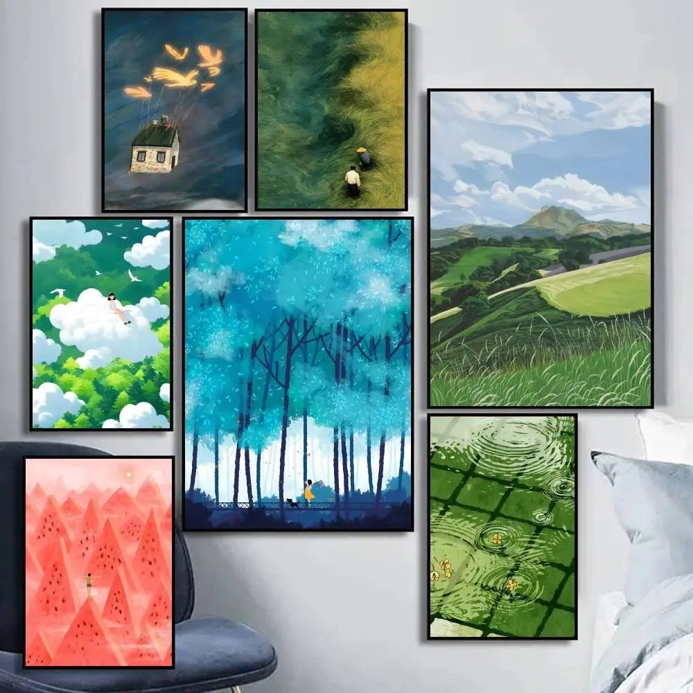 The Pleasant Time in Childhood Dreams self-adhesive wall art poster featuring dreamy whimsical illustrations in soft artistic tones