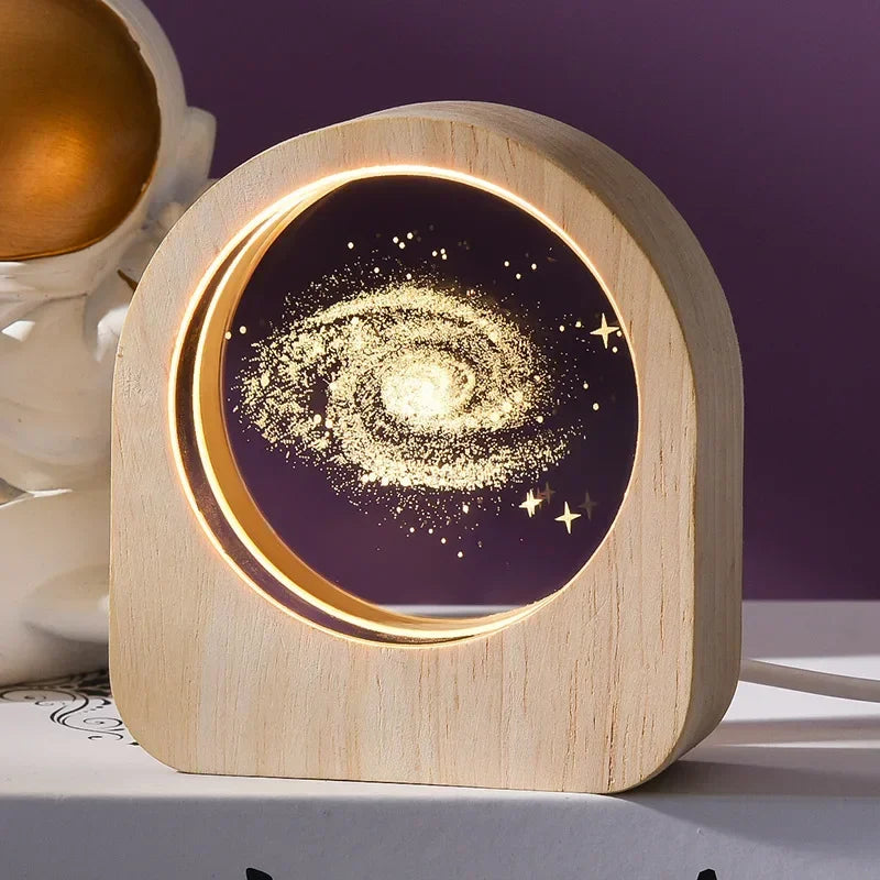 Wooden lamp with galaxy design on a purple background