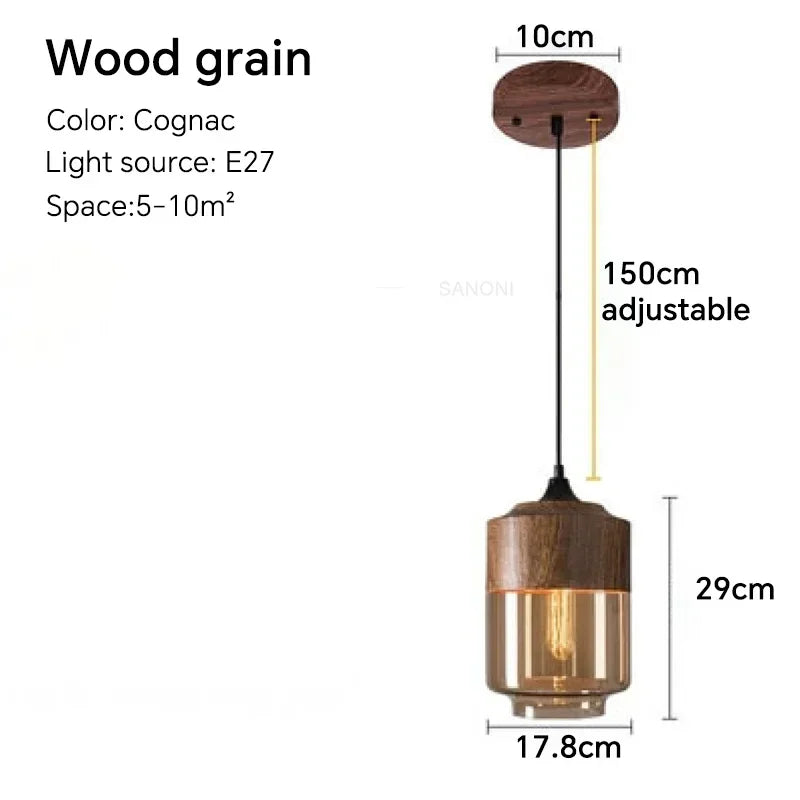 Wooden pendant light with dimensions and specifications on a white background