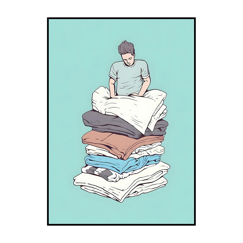 Illustration of a person standing behind a large stack of folded laundry on a light blue background
