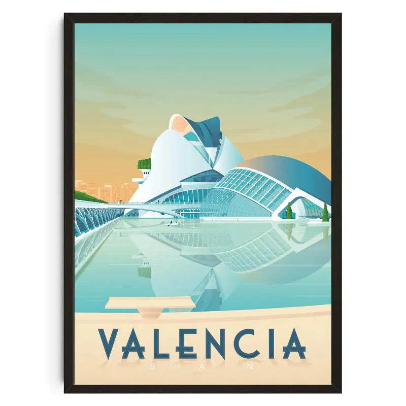 Framed artwork of a modern architectural landmark with 'Valencia' text on a gradient background