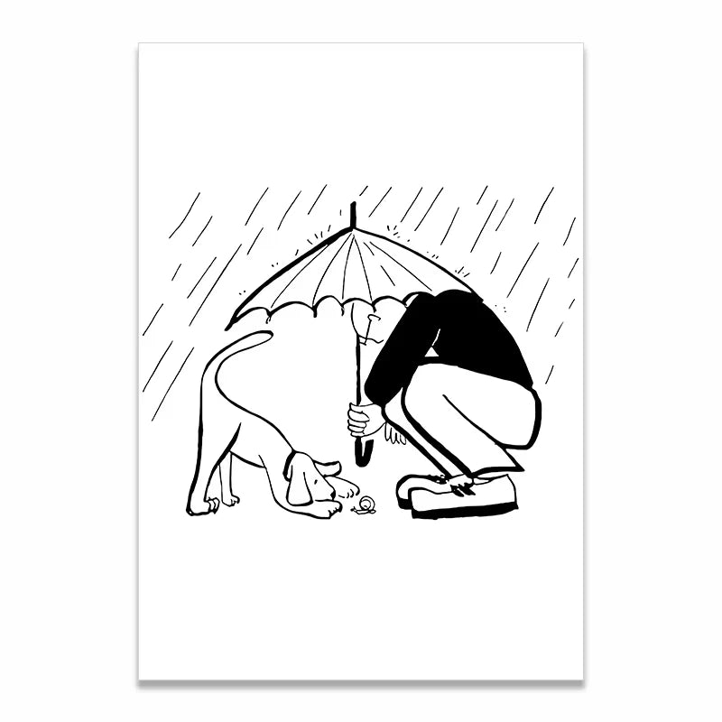 A minimalist black and white line art illustration on a white poster background, depicting a person crouching under an umbrella while a dog looks up at them in the rain.