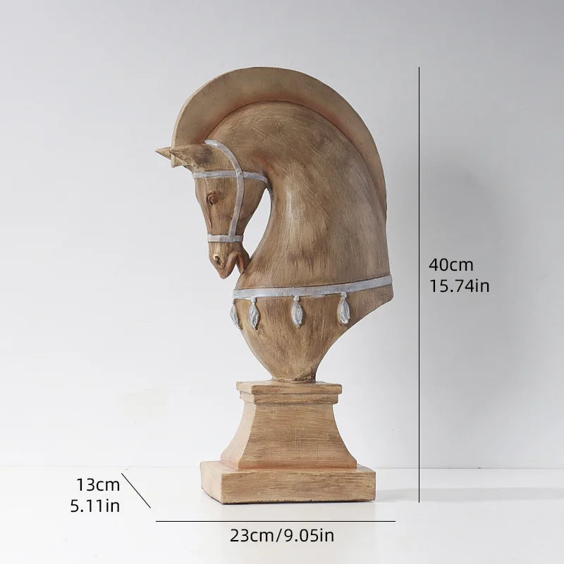 Wooden horse head sculpture with measurements on a white background