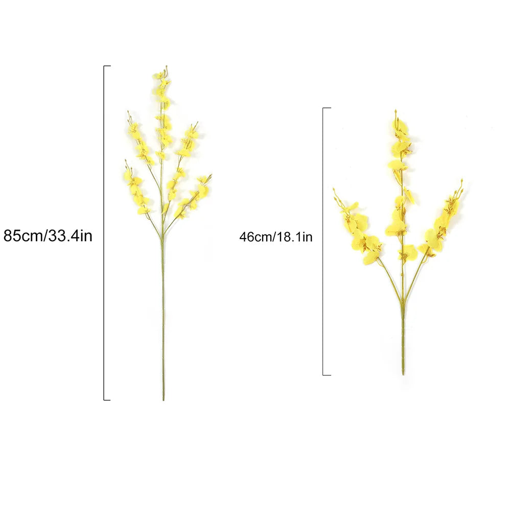 Two yellow floral branches with measurements on a white background