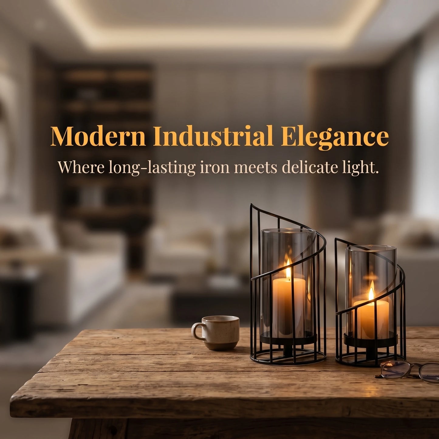 Modern Spiral Glass Candle Holders Set of 2 – Black Metal Hurricane Lanterns