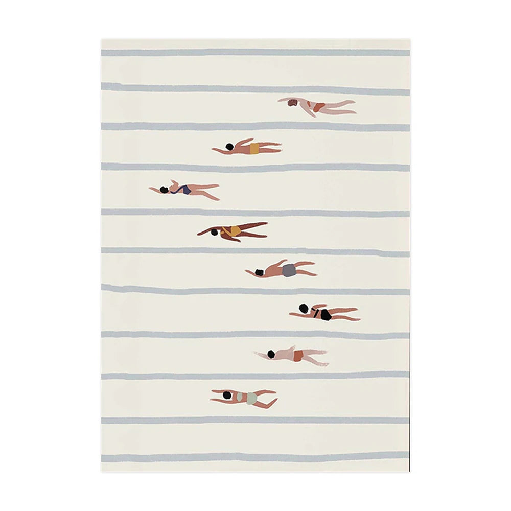 Poster with striped pattern and illustrations of people swimming on a white background