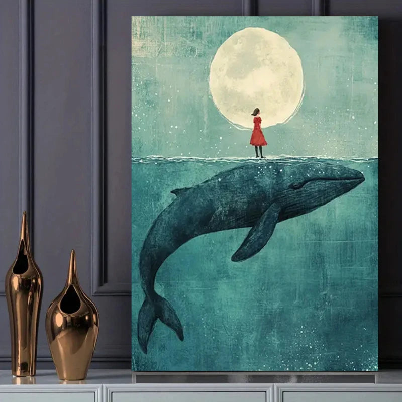 Canvas print of a whale and person under a moonlit sky, displayed on a wall with decorative vases below.