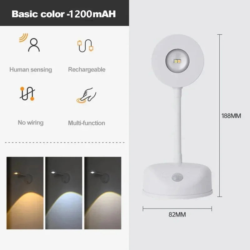 White LED lamp with features listed on the left and dimensions on the right.
