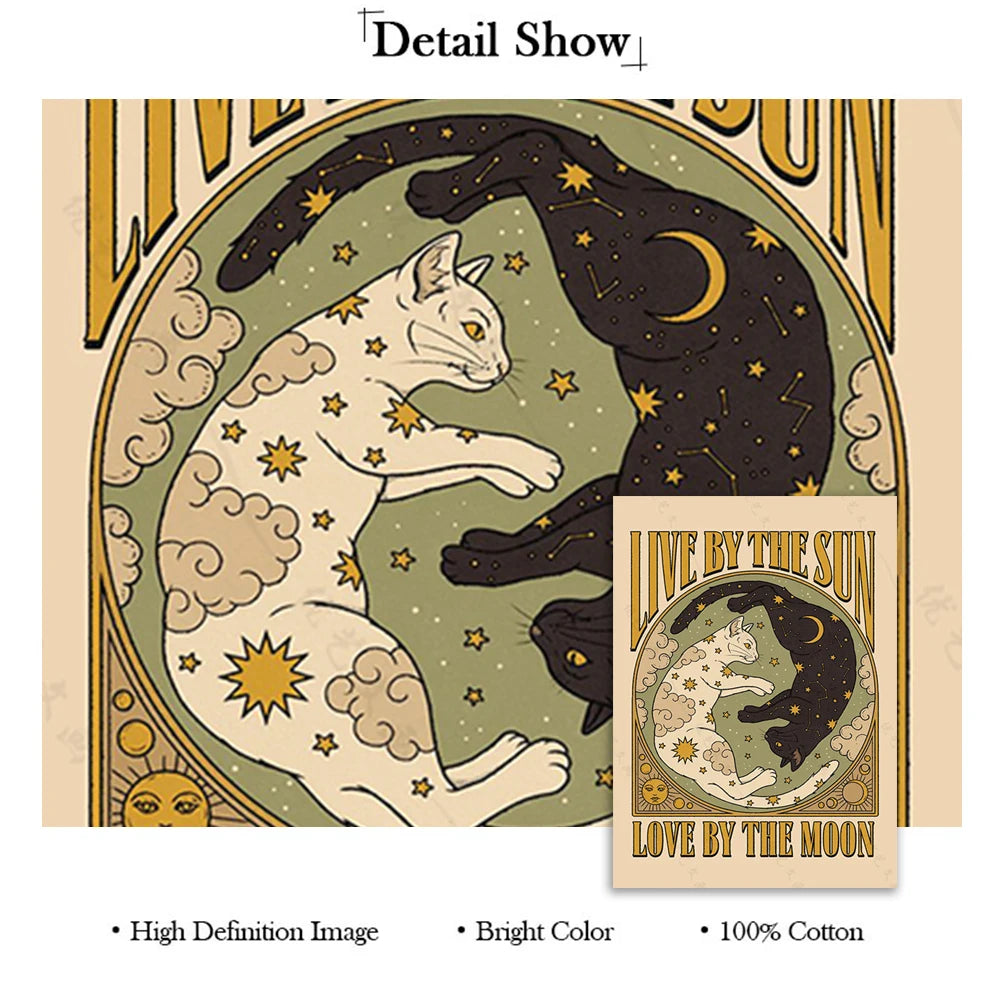 Illustration of a white cat and a black cat with celestial elements on a beige background.