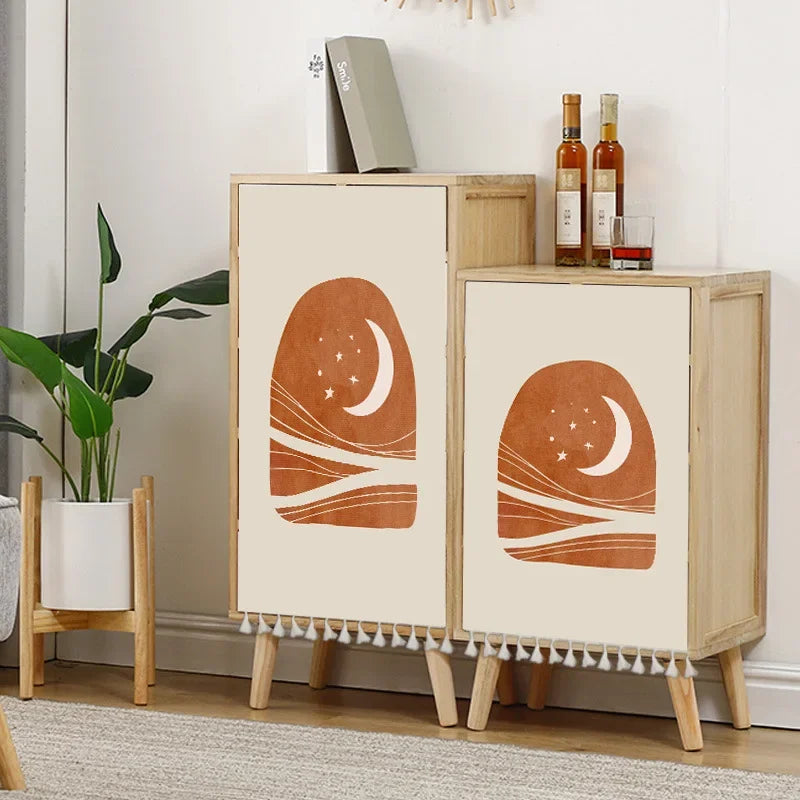 Moon boho-style self-adhesive cabinet door curtains with abstract sun, moon, rainbow and geometric patterns on wooden cupboards