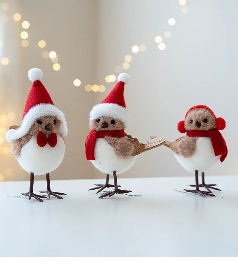 Cute plush bird and bear Christmas tree hanging ornament with red hat and scarf