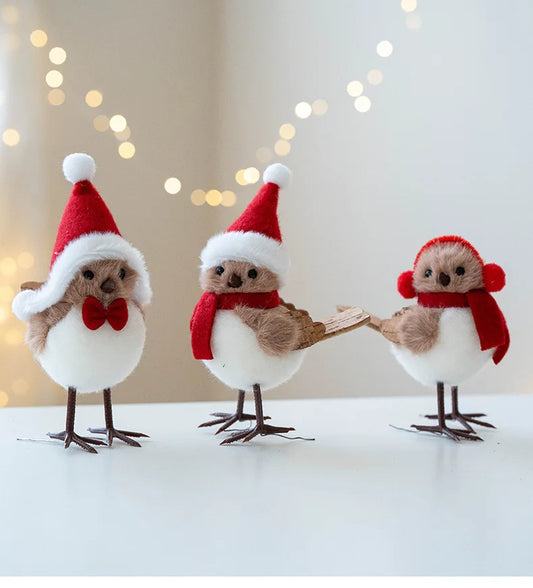 Cute plush bird and bear Christmas tree hanging ornament with red hat and scarf