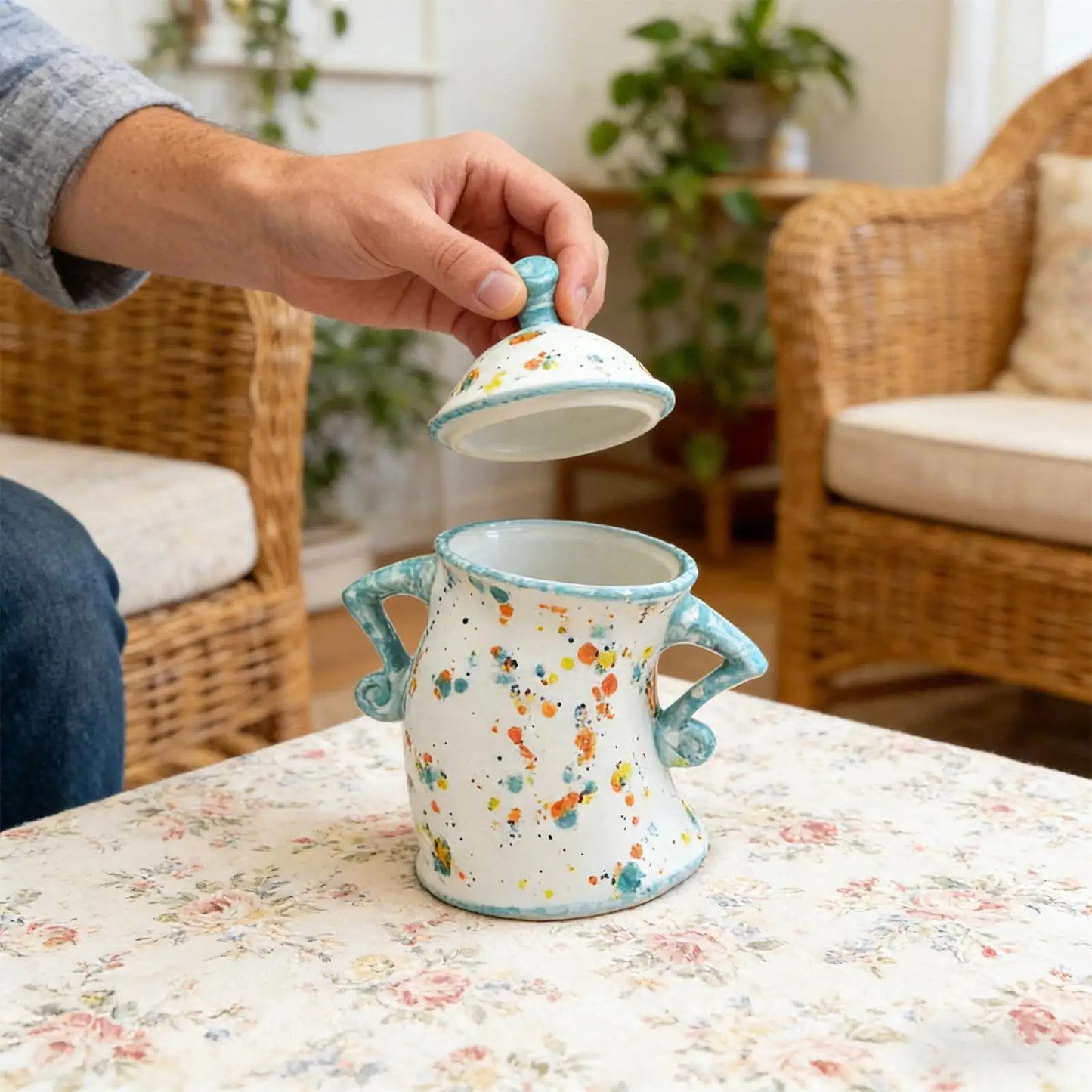 Person holding a ceramic container with a colorful design on a floral tablecloth.