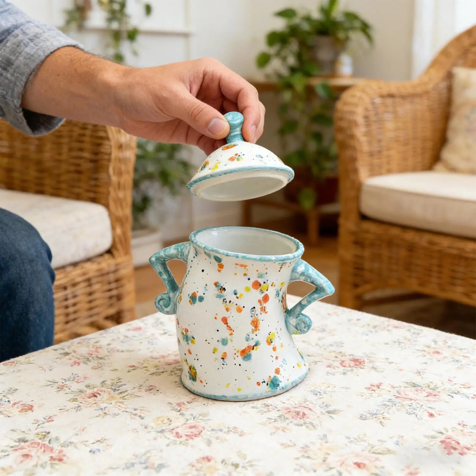 Person holding a ceramic container with a colorful design on a floral tablecloth.