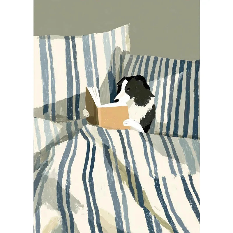Striped bedding with a dog reading a book illustration on a plain background