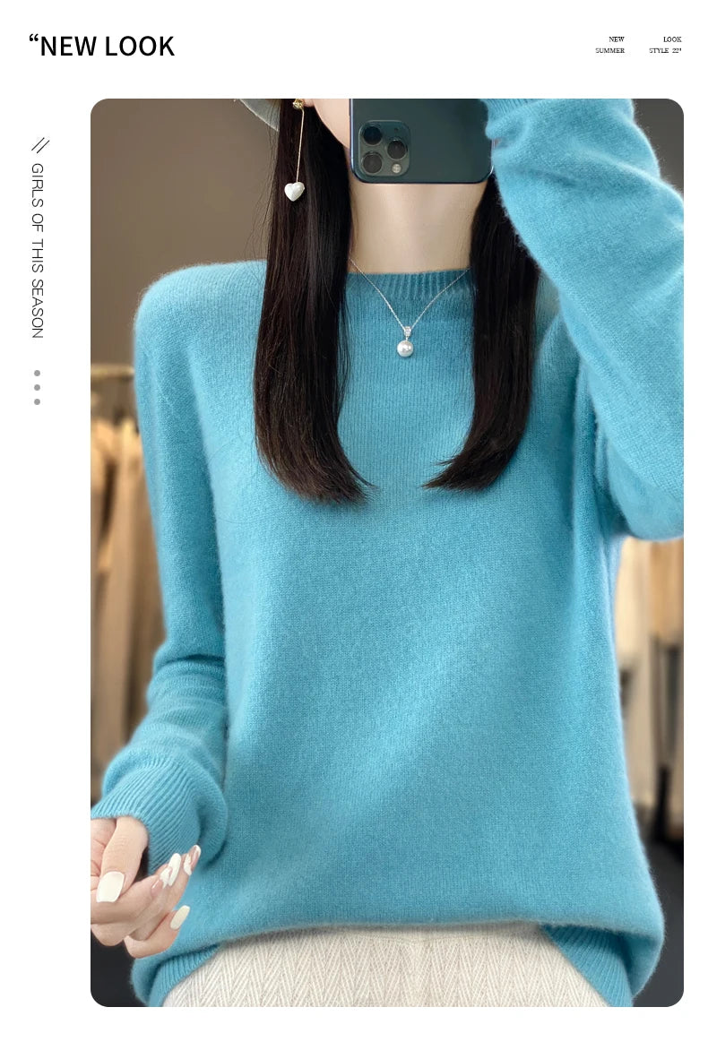 100% Merino Wool Women’s Sweater – Soft Cashmere-Feel O-Neck Pullover, Autumn/Winter Warm Knit Top (14 Colours)