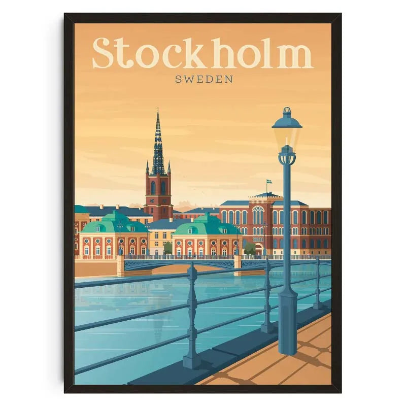 Poster of Stockholm, Sweden with a bridge and cityscape.