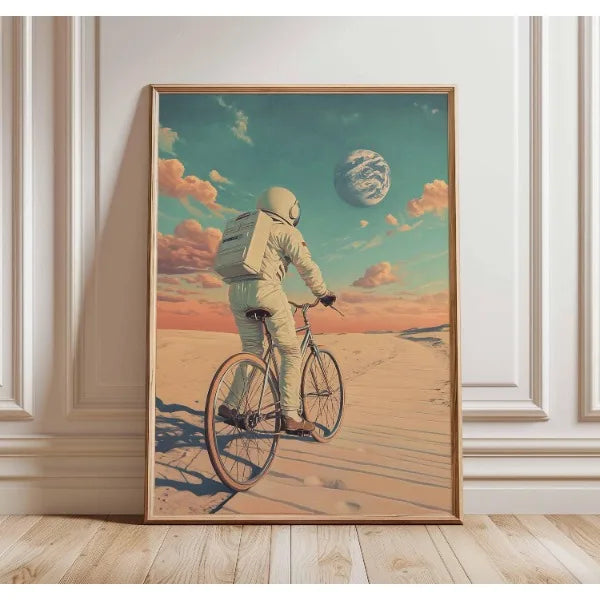 Framed artwork of a person in an astronaut suit riding a bike on a desert planet.