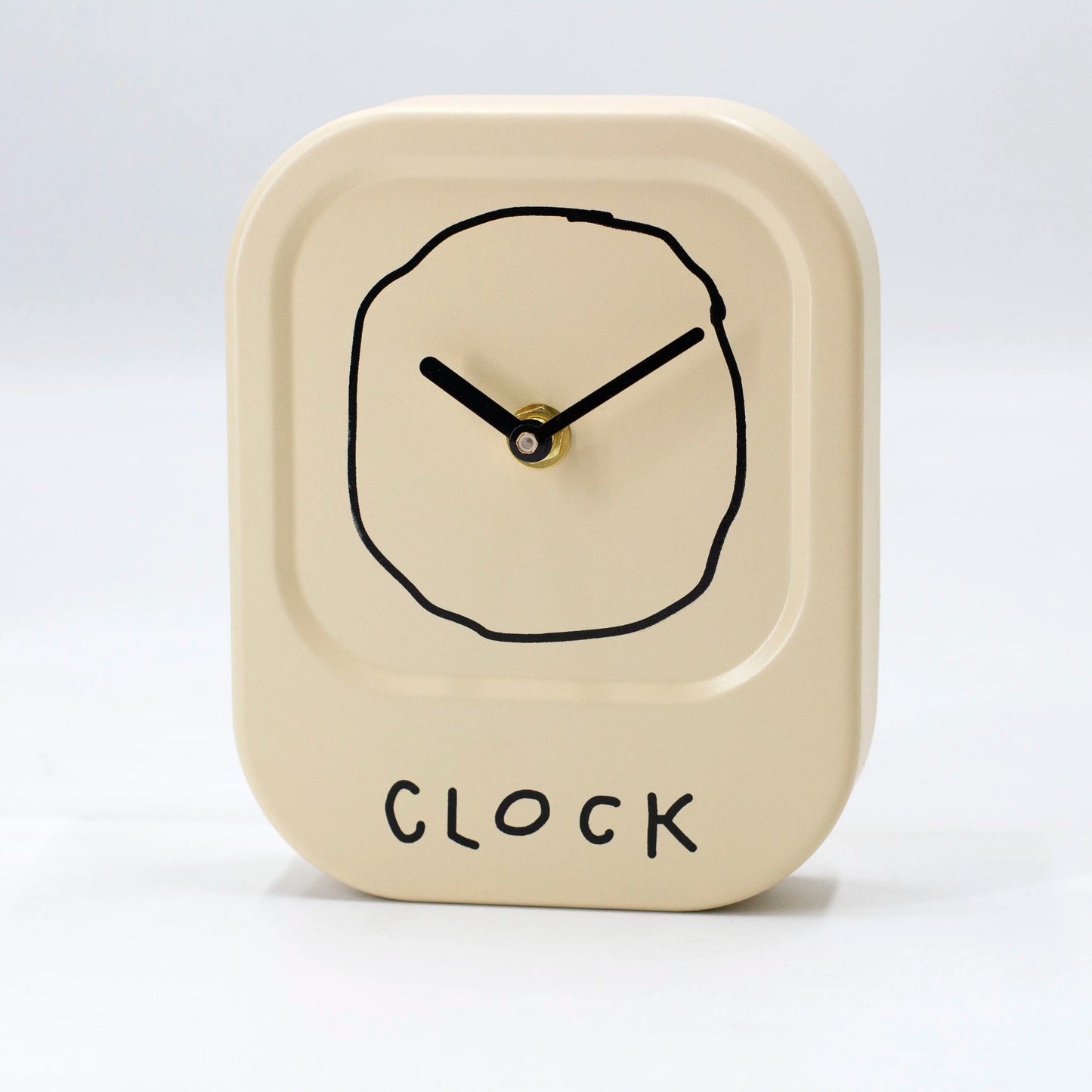 Beige square clock with black outline of a clock face and 'clock' text on a white background