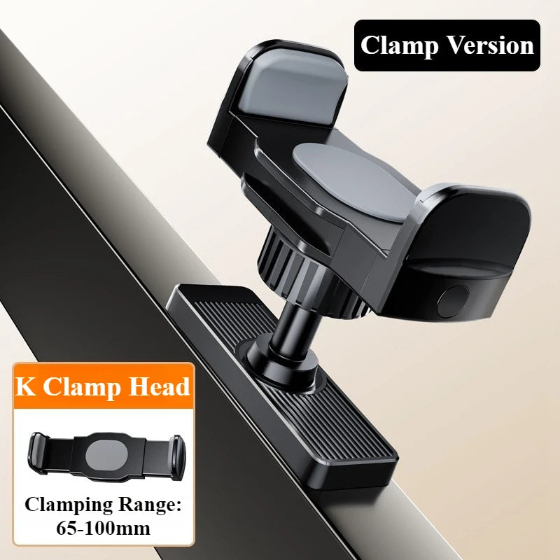 Black clamp phone holder on a surface with text indicating 'K Clamp Head' and clamping range.